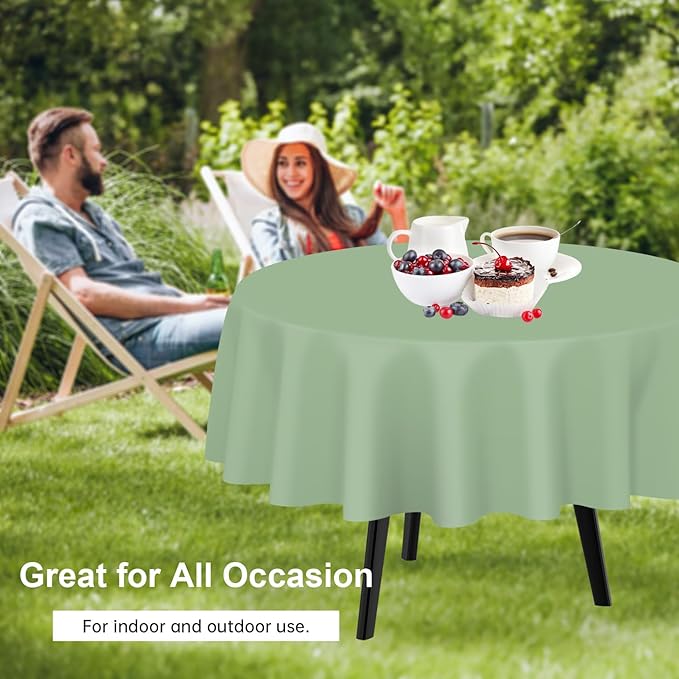 QIKSION Sage Green Round Tablecloth 12 Pack, 84 Inch Plastic Table Cover Disposable for Parties
