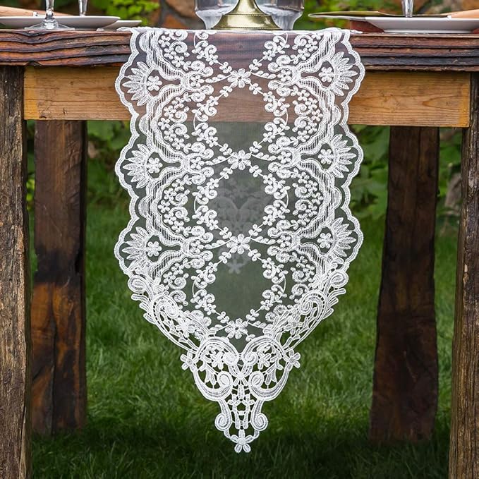 ARTABLE Rectangle Table Runner Lace Macrame Embroidered Table Runners with Exquisite Vintage Shabby Chic for Holiday Wedding Long Dinner Tables (White, 12 x 70 Inch)