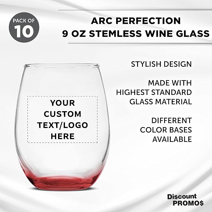Custom Stemless Wine Glass 9 oz. Set of 10, Personalized Bulk Pack - Great for Wedding Favors, Bachelorette Party Decorations, Party Favors, Color Bottom - Red