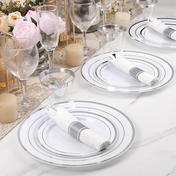 BESTVIP 100 Pack Pre Rolled Silver Plastic Silverware Set, Disposable Wrapped Cutlery Set with 100 Napkins, 100 Knives, 100 Forks and 100 Spoons for Party, Birthday