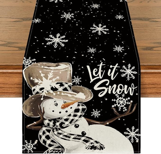Artoid Mode Black Snowman Snowflake Let it Snow Winter Table Runner, Christmas Kitchen Dining Table Decoration for Home Party Decor 13x72 Inch