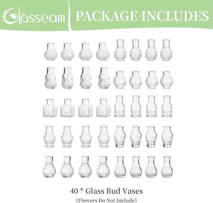 Glasseam Small Bud Vases for Centerpieces: 40PCS Mini Clear Glass Vase Set for Flowers Decor Wedding Party Baby Shower Dining Table Decorations Centerpiece