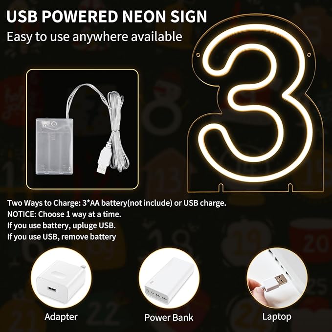 Number 3 LED Neon Sign Backdrop Birthday Party Decoration, 11.3" Height Warm White Marquee Numbers Three Light Up Sign for Wedding Anniversary Window Wall Table, Indoor Battery Operated or USB