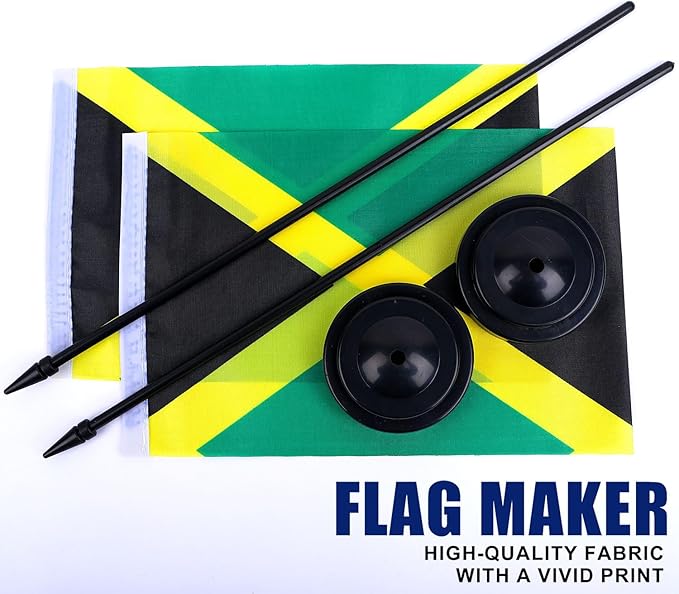 Jamaica Desk Flag 12" Solid Pole Deluxe Set Jamaican Flags Banner Mini Small Jamaica Office Table Flags with Black Stand Base Desktop Decorations(2Pack)