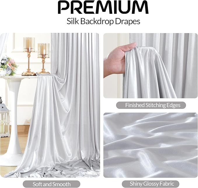 Silver Satin Backdrop Curtains 2 Panels - Glitter Photo Drapes for Baby Shower, 10x10FT Shimmer Back Drop Decor, Wrinkle Free for Birthday Party Prom Wedding Anniversary Background