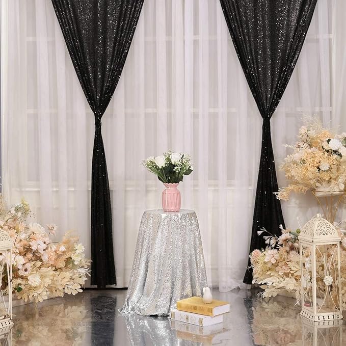 Poise3EHome Black Sequin Backdrop Curtain, 4 Pcs 3FT x 8FT Sequin Backdrop Panels,Black Curtains for Photography Party Birthday Halloween Backdrop