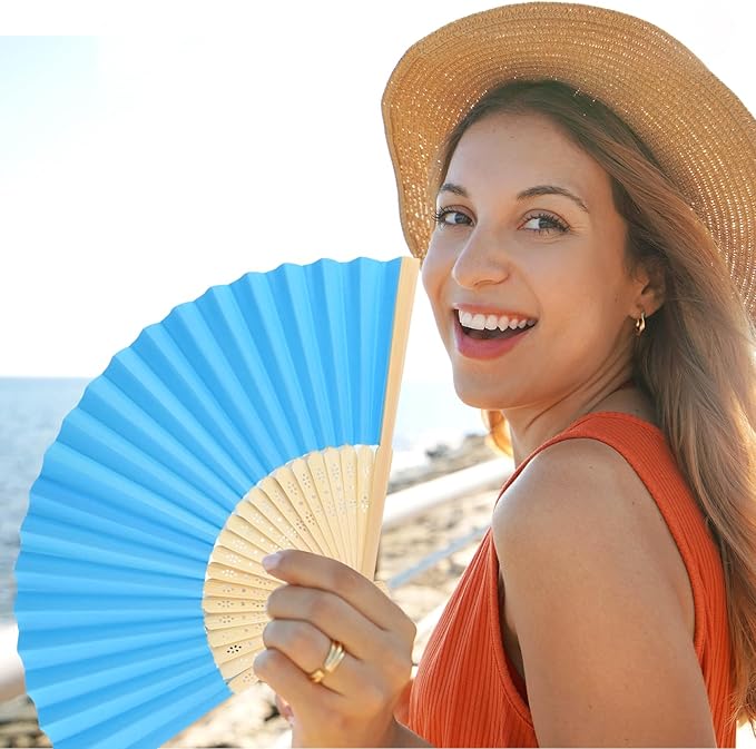 12 Pieces Blue Hand Held Bamboo Folding Fans Paper Fans Handheld for Women Foldable Girls Wedding DIY Decoration Church Home Party Favors Summer