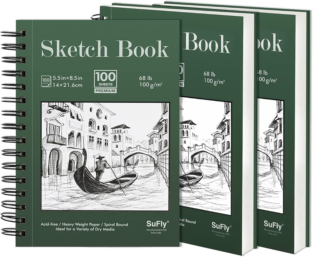 Sketch Book 5.5 X 8.5 inch, Artist Sketch Pad (Pack of 3), 300 Sheets (68lb/100gsm) Spiral Bound Sketchbook, 100 Sheets Each, Acid Free Drawing Paper, Suitable for Adults & Teens