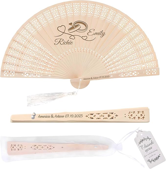 50 PCS Custom Fans Personalized Folding Fans for Line Dancing Wooden Hand Fan Wedding Favors Bulk Fans for Guests Party Event Use (Style01)