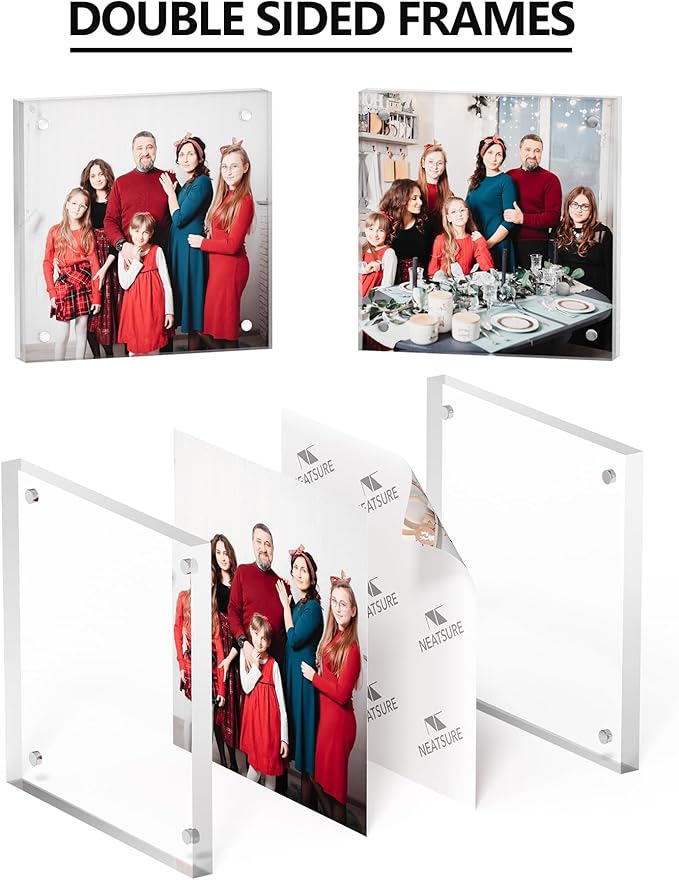 4x4 Acrylic Picture Frame 5 Pack, Clear Freestanding Double Sided Frameless Magnetic Photo Frames, Desktop Display Decor Gift