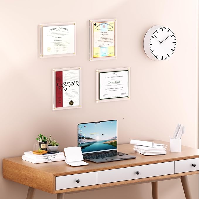 Acrylic Picture Frame for Wall, Clear Diploma Frame, No Drill Floating Frameless Photo Frame for Diploma Certificate Degree Document & Artworks Display, Graduation Gift for Students (2 Pack, 11X14 Straight edge)