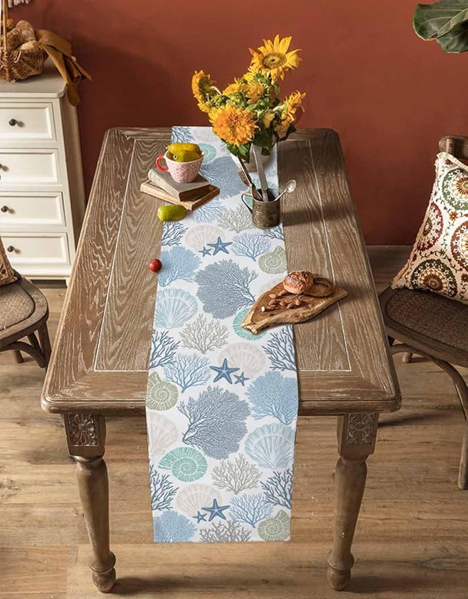 Coastal Coral Cotton Linen Table Runner for Dining Kitchen, Wedding Outdoor Party Tablerunners Decoration, Blue Nautical Starfish Ocean Shell Beach Dresser Scarf Coffee Tablecloth Runners 13x48 Inches