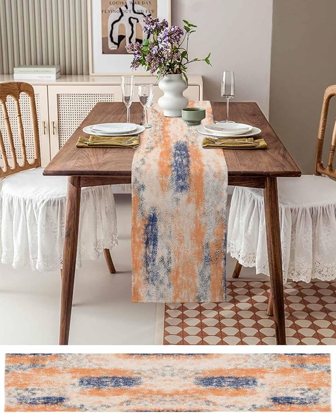 Vintage Oil Painted Cotton Linen Table Runner for Dining Kitchen, Wedding Outdoor Party Tablerunners Decoration, Abstract Modern Orange Minimalist Dresser Scarf Coffee Tablecloth Runners 13x72 Inches