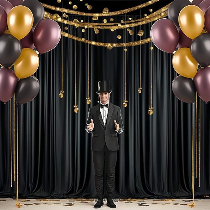 30 ft x 10 ft Wrinkle Free Black Backdrop Curtain for Parties, 6 Panels 10ft Polyester Black Photo Backdrop Drapes for Graduation Birthday Wedding Party Stage Curtains, Thick Bulk Background Curtains