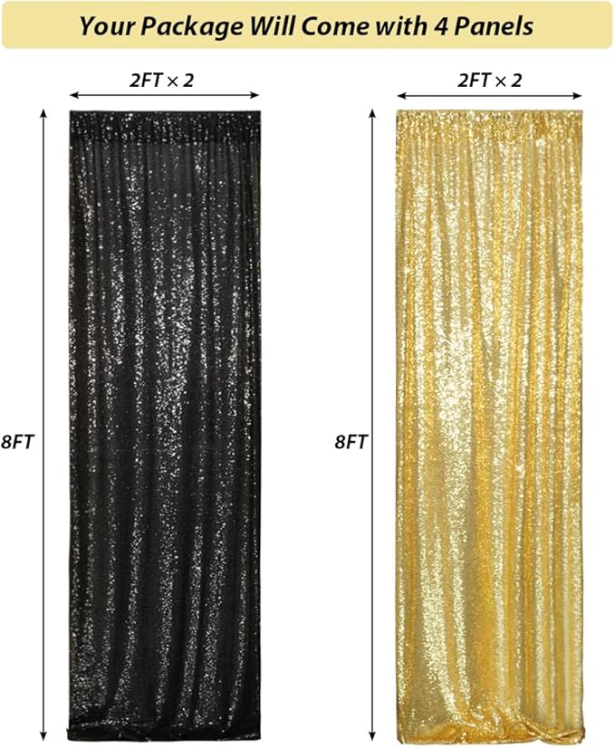 4 Panels Black&Gold Sequin Backdrop Curtain 2FTx8FT Glitter Sequin Backdrop Curtains for Birthday Party Wedding Decoration