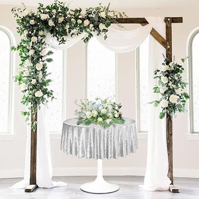 6 Pcs Silver Sequin Tablecloth 50Inch Silver Round Tablecloth Overlay Round Table Cloth Silvers Glitter Tablecloth Round Sparkly Drape Tables Cloth for Wedding Party Cake Holiday Banquet