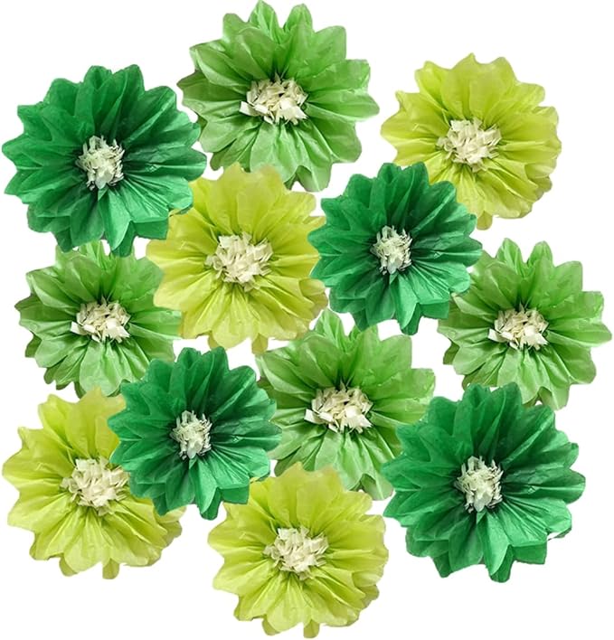 12pcs Paper Flowers 10in 12in Tissue Pom Poms - Hanging Wall Backdrop for Wedding, Party, Birthday, Baby Shower, Nursery Decor - DIY Art Craft Blooms - Green