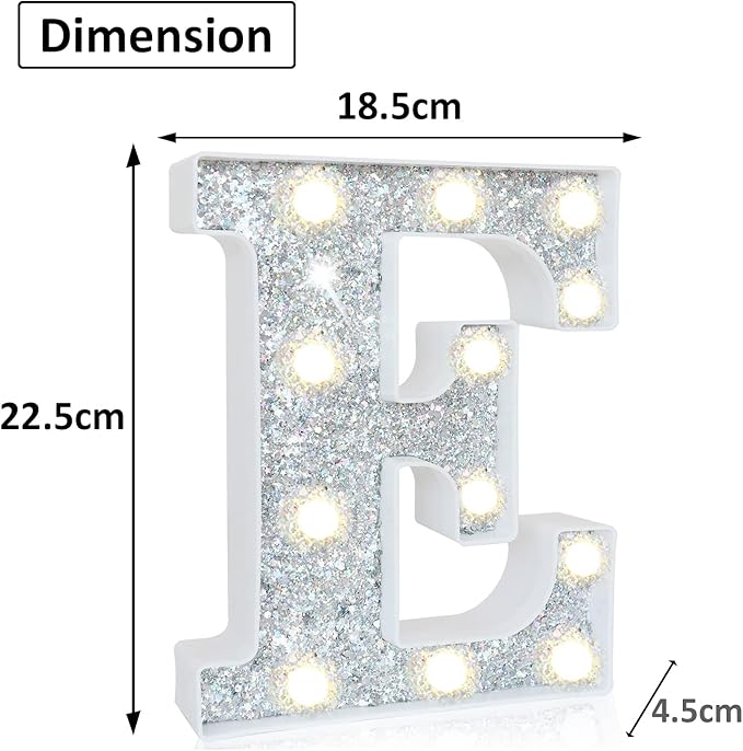 Pooqla Light Up Letters, LED Marquee Letters for Silver Birthday Decorations, Battery Powered Night Light Teenager Girl Room Decor, Gift for Girls Boys Wedding Bedroom Christmas Party Decor, Letter E