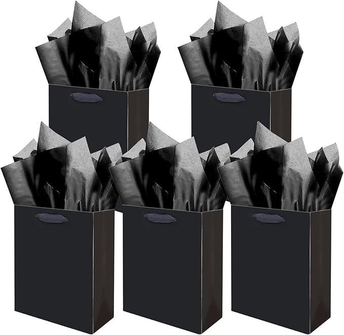 Gcardist Deep Black Gift Bags with Tissue Paper for Wedding, Birthday, Party Supplies-7.9"x4.3"x9.6" Medium Size Cardboard Gift Bags（5pcs Bags +10pcs Tissue Paper ）