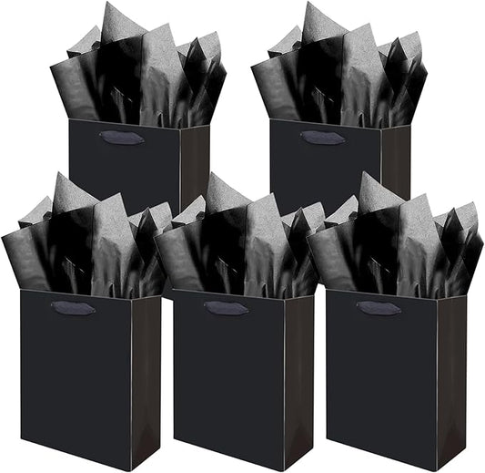 Gcardist Deep Black Gift Bags with Tissue Paper for Wedding, Birthday, Party Supplies-7.9"x4.3"x9.6" Medium Size Cardboard Gift Bags（5pcs Bags +10pcs Tissue Paper ）
