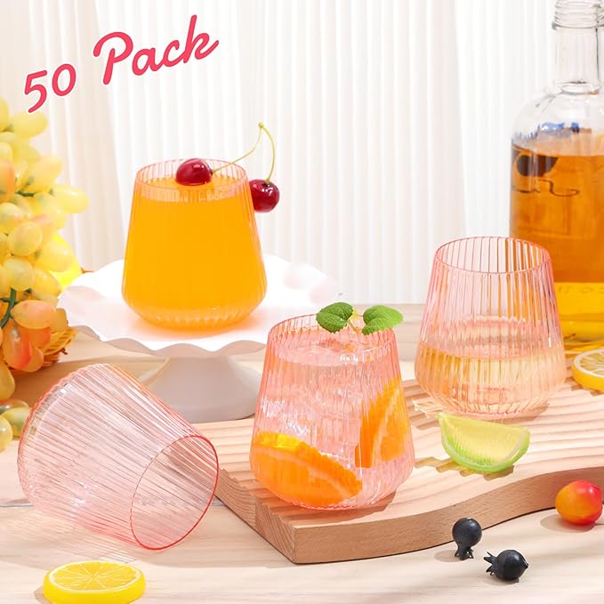Suclain 50 Pcs Plastic Wine Glasses Pink Ribbed Stemless Wine 14oz Vertical Design Unbreakable Cups for Outdoor Indoor Vintage Elegant Champagne Whiskey Glasses for Christmas Party Wedding