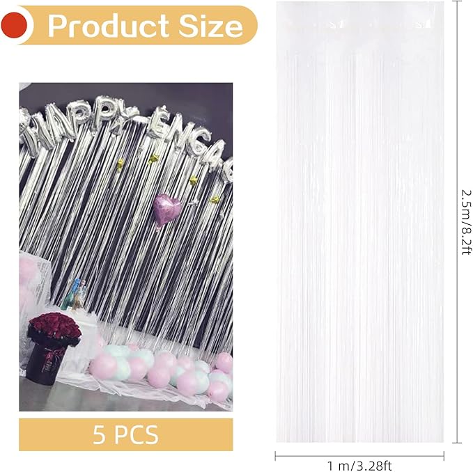 5 Pack White Fringe Foil Curtain 3.2ft x 8.2ft Tinsel Backdrop Streamers for Birthday Party Decoration Wedding Christmas