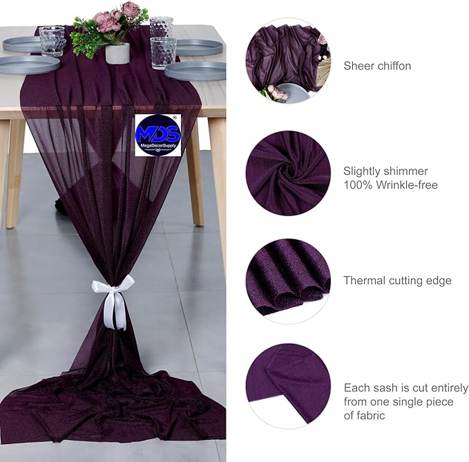 MDS 20 Pack 10ft Chiffon Table Runner 29 x 120 Inches Sheer Wedding Runner Romantic Rustic Table Runner for Wedding Decorations, Birthday Parties, Bridal Shower Party Arch Decor - Eggplant
