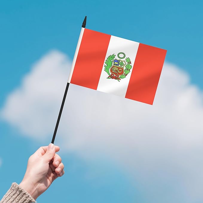 2 Pack Peru Desk Flag Set, Peruvian Desktop Small Miniature Table Office Flag with 12" Black Pole and Black Base, Offices, Classroom, Home, Festival Decoration (Peru)