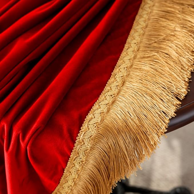 F-CHU Red Tablecloth Thickset Velvet Tablecloth with Beautiful Gold Tassels Vintage Table Cloth for Home Decor Wedding, Party, Banquet and Events 70" Round