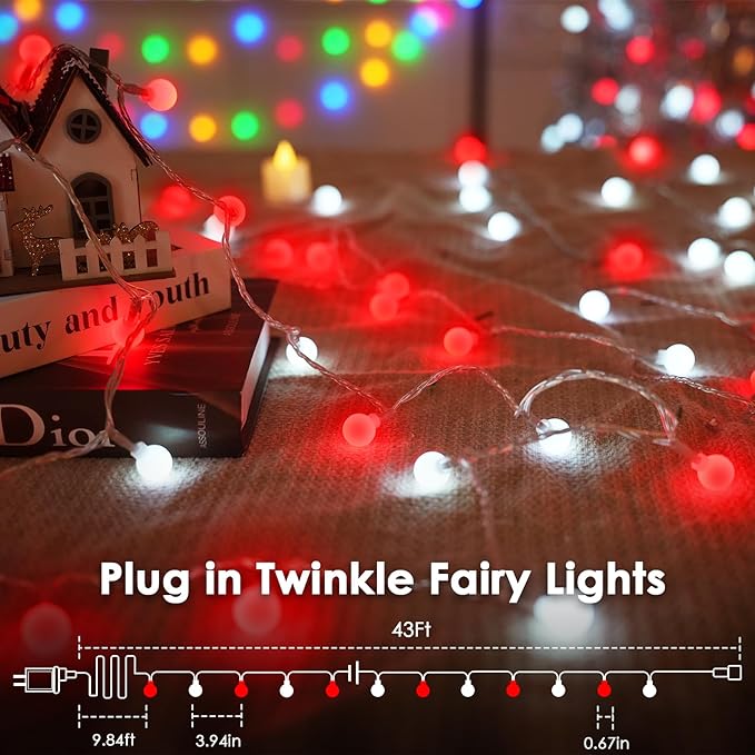 43FT 100LED Connectable Christmas String Lights Indoor Outdoor - Red and White Fairy Lights Plug in with Remote & 8 Modes, Globe Twinkle Light for Christmas Decorations Bedroom Room Tree Party