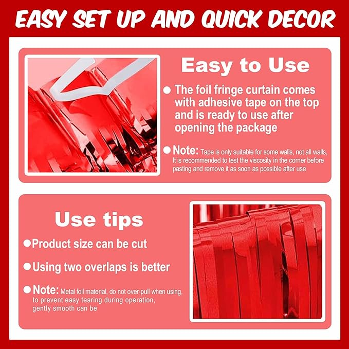6 Pack Red Foil Fringe Curtains Backdrop, 3.28 x 8.2 Ft Metallic Streamers Tinsel Curtains Background for Photo Booth, Birthday, Weddings, Carnivals, Graduation, Themed Party Decorations