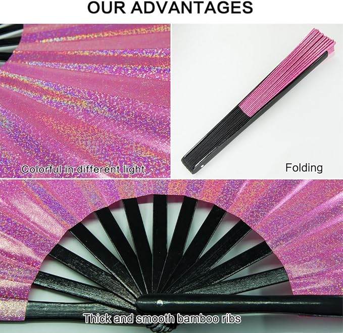 Large Rave Fan, Clack Folding Hand Fan with Premium Fabric, Thick Bamboo Frame for Men Women Gift for EDM, Festival, Club, Party, Dance, Decoration (Lridescent Pink, 11")