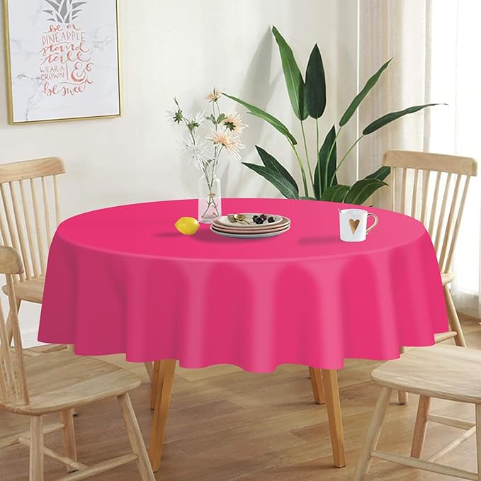 QIKSION Hot Pink Round Tablecloth 12 Pack, 84 Inch Plastic Table Cover Disposable for Parties