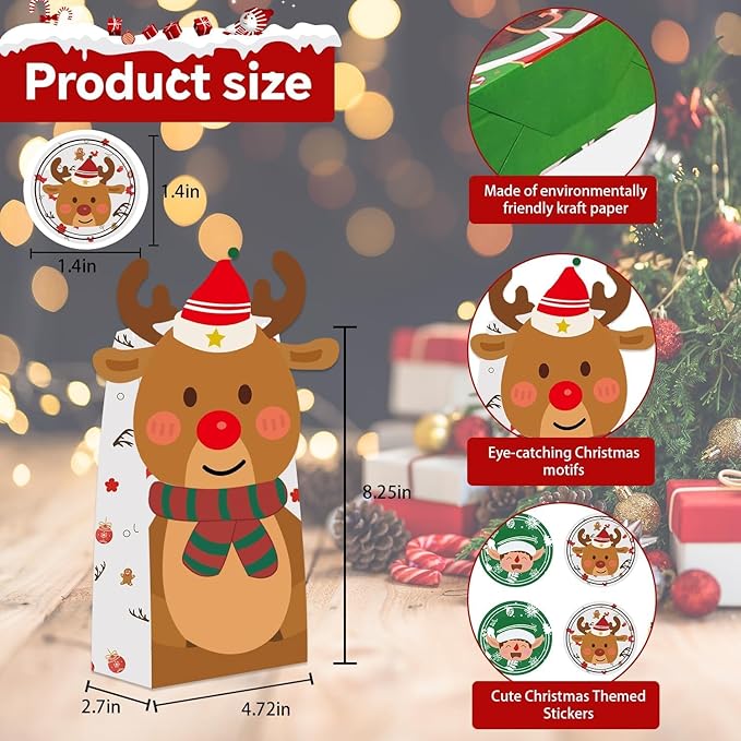 24PCS Christmas Treat Bags, 24PCS Christmas Stickers, Xmas Cookies Wrapping Gift for Classrooms Holiday Party Supplies