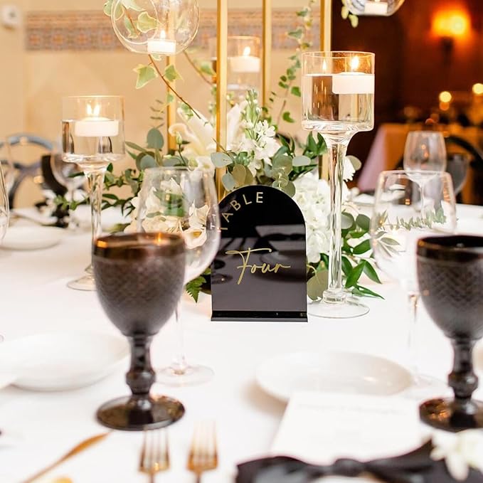 Black Arch Wedding Table Numbers 1-25 with Stands, 5x7 Inch Arch Acrylic Sign Black and Gold Lettering, Arch Acrylic Table Numbers for Wedding Reception