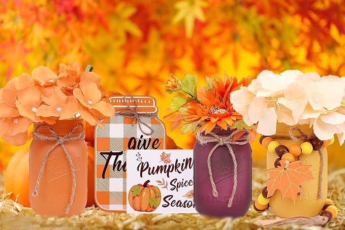 Thanksgiving Decorations Mason Jar, Farmhouse Harvest Thanksgiving Table Decor for Centerpieces, Dining Table Centerpiece, Living Room Table Decor, Thanksgiving Centerpieces with Flowers Decoration