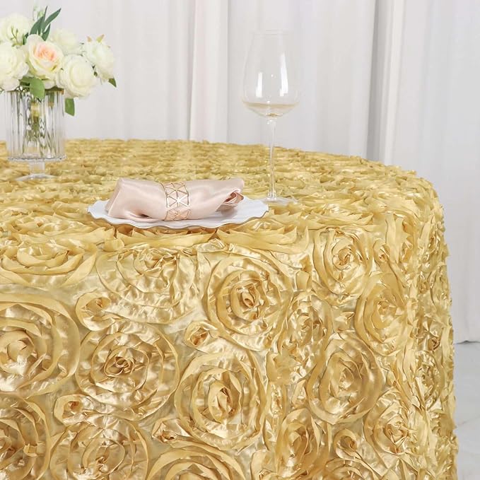Efavormart 120" Wholesale Round Table Cover Champagne Grandiose Rosette 3D Satin Tablecloth for Wedding Party Event Decoration