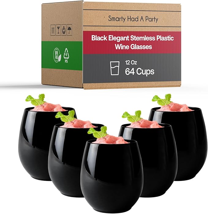 Smarty Had A Party 12 oz Black Disposable Stemless Wine Glasses (64) – Fancy Plastic Cups for Parties & Weddings – Outdoor Cocktail Glasses; Cocktail Glasses Disposable Classy; Unbreakable Glasses