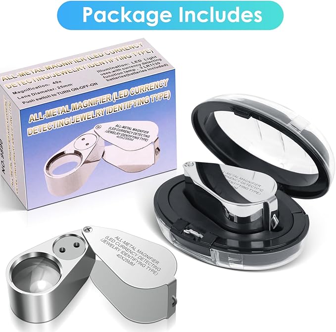 Leffis 40X Jewelers Loupe Magnifier Magnifying Glasses, LED/UV Illuminated Jewelry Loop Pocket Folding Magnifying Glass with Metal Construction for Close Work, Gardening, Kids, Stamp, Rock Collecting