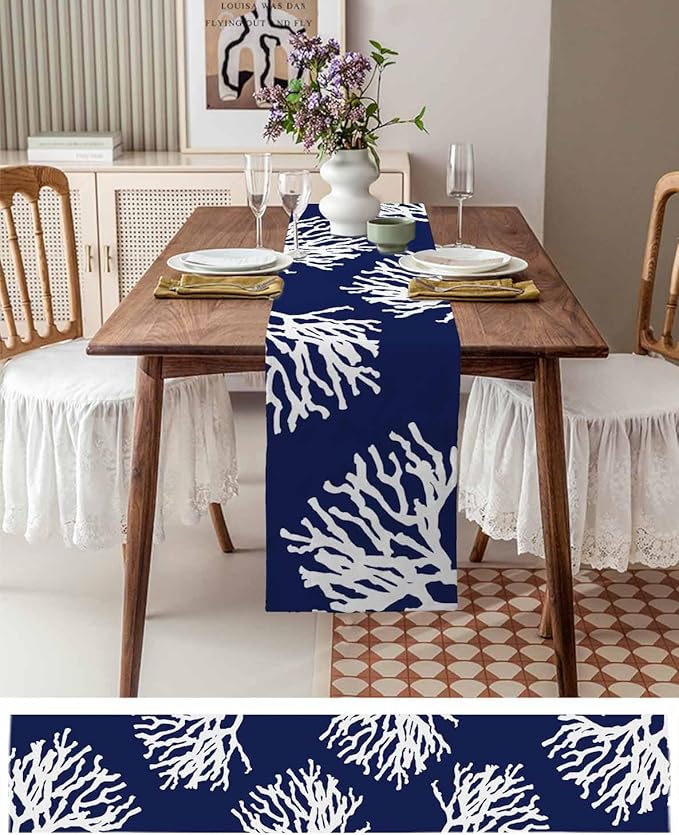 Coastal Coral Cotton Linen Table Runner for Dining Kitchen, Wedding Outdoor Party Tablerunners Decoration, Navy Blue Nautical Ocean Beach Dresser Scarf Coffee Tablecloth Runners 13x90 Inches