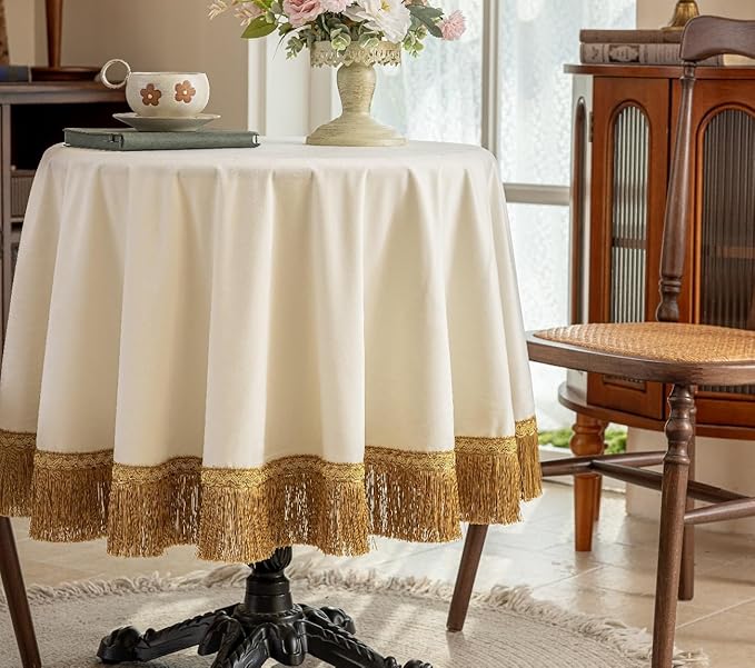 F-CHU White Tablecloth Thickset Velvet Tablecloth with Beautiful Gold Tassels Vintage Table Cloth for Home Decor Wedding, Party, Banquet and Events 70" Round