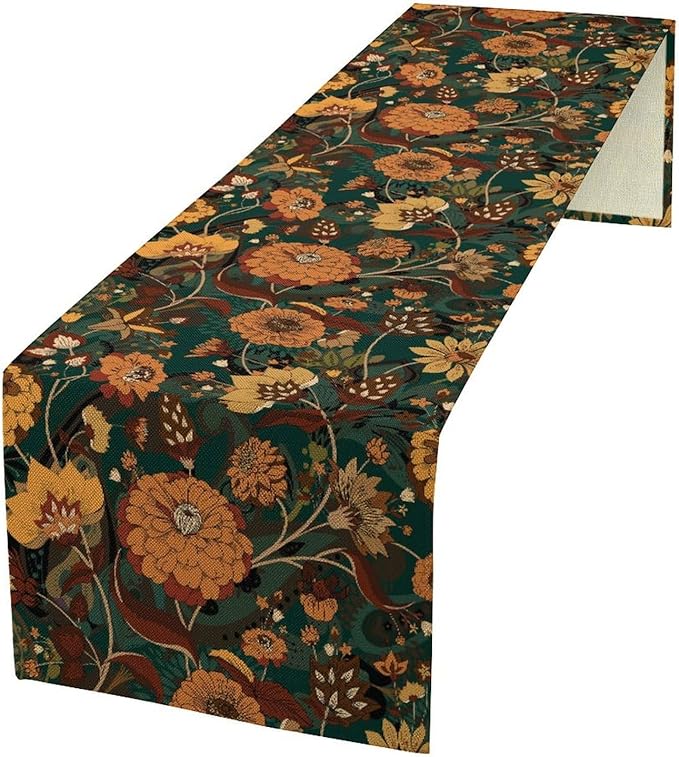 Orange Boho Floral Table Runner, Vintage Bohemian Home Kitchen Table Decoration for Birthday Party Picnic Decoration 13x108 Inch 1PCS