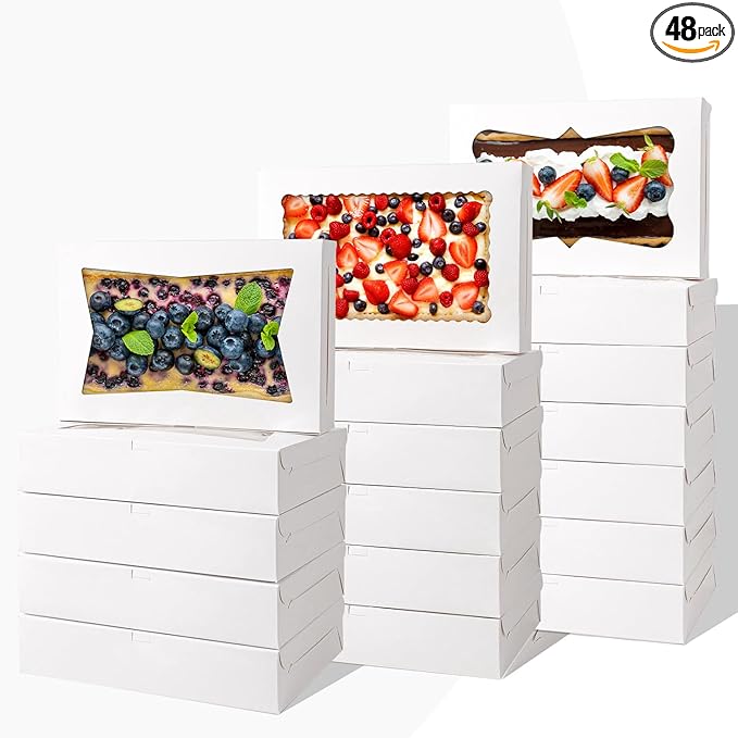 48pcs12x8x2.5 Inches Bakery Boxes,Cookie Boxes with 3Style for Window Bread,Treat，Chocolate,Strawberries,Dessert,Cakes,Donuts,Muffins,pastry