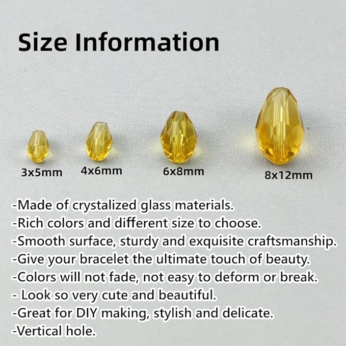 200pcs 3x5mm Teardrop Crystal Glass Beads for Jewelry Making, Faceted Vertical Hole Teardrop Glass Spacer Beads for Wind Chimes Bracelet Earring Necklace DIY Craft(Light Yellow)