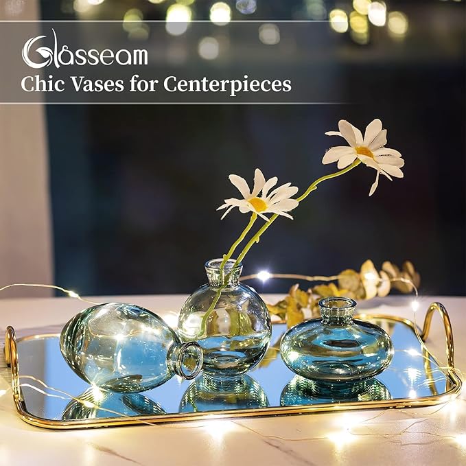 Small Glass Bud Vase for Centerpieces, 6Pcs/2Sets Green Modern Small Mini Flowers Vases Short Minimalist Aesthetic Vintage Cute Handmade Tiny Wedding Table Centerpiece for Single Flower Rose