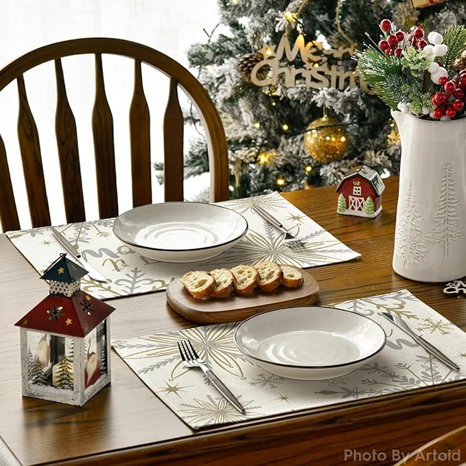 Artoid Mode Beige Snowflake Let It Snow Winter Placemats Set of 2, 12x18 Inch Seasonal Christmas Table Mats for Party Kitchen Dining Decoration