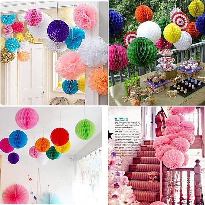20pcs Honeycomb Flower Balls - Party Decor, Tissue Paper Pom Poms (6inch, White)
