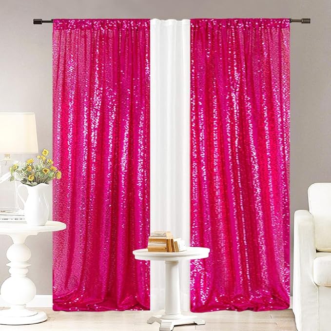 Eternal Beauty Hot Pink Sequin Backdrop Curtains, Valentine's Day Shimmer Back Drop 2Panels-2FTx8FT for Christmas, Party, Birthday, Photography, Wedding, Baby Shower Event Decoration