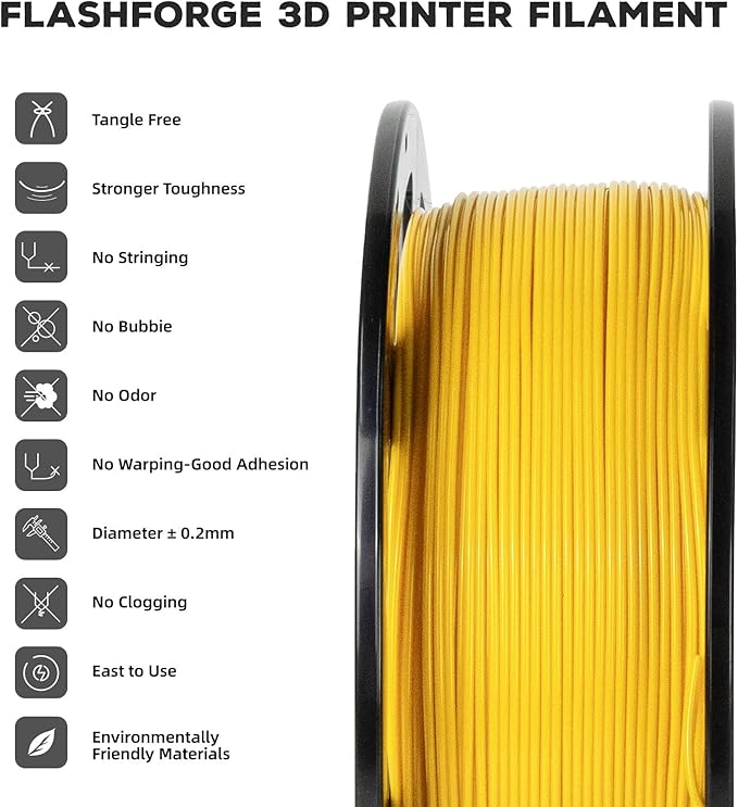 FLASHFORGE PLA Filament 1.75mm, 3D Printer Filament 1kg (2.2lbs) Spool, Dimensional Accuracy +/- 0.02mm, 3D Printing Filament Easy to Use and Fits for Most FDM 3D Printers (Yellow)