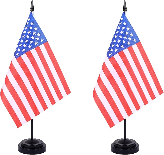 WXTWK 2 Pack American Flag US Desk Flag Set - Mini Small USA Table Office Flags with Black 12" Solid Pole Stand Base 4th of July Party Veteran's Day Classroom Meeting Desktop Decorations